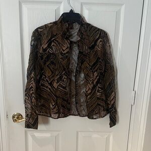 Multiples Sheer button down in Brown and Black small petite